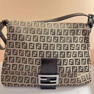 AUTH FENDI Mama Baguette Bag Zucchino Forever FF Logo Mania Caramel Silver Brown